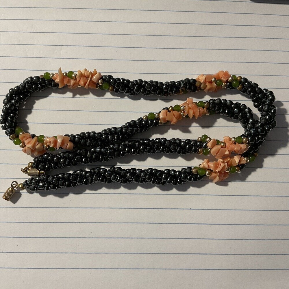 3 Strand Vintage Twisted Coral color and Green/Blackish beaded Necklace 20" long